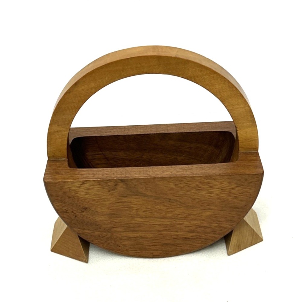 Vintage Hand Made Wood Basket Round Semi Circular Body Integrated Arch Handle